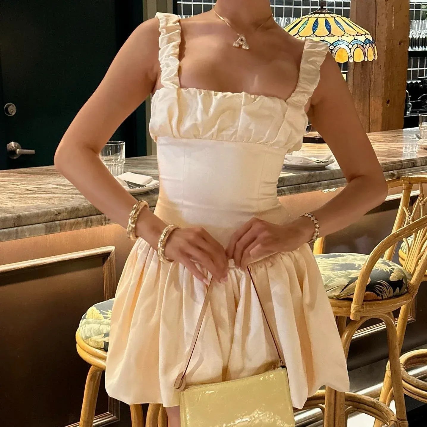 Playful Square Neck Ruffle-Strap Satin Ivory Mini Homecoming Dress With Bubble-Hem