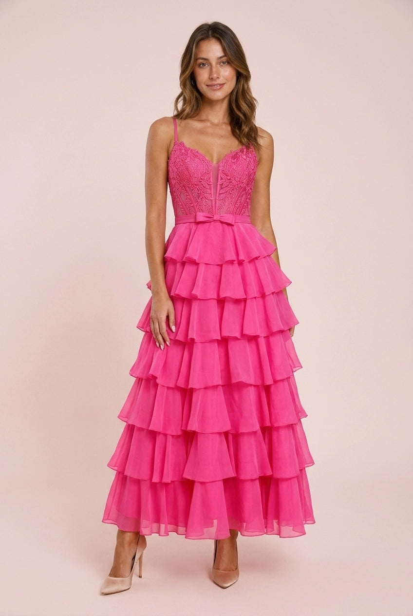 Playful A-Line Sweetheart Lace Tiered Ruffle Chiffon Fuchsia Pink Long Prom Dress