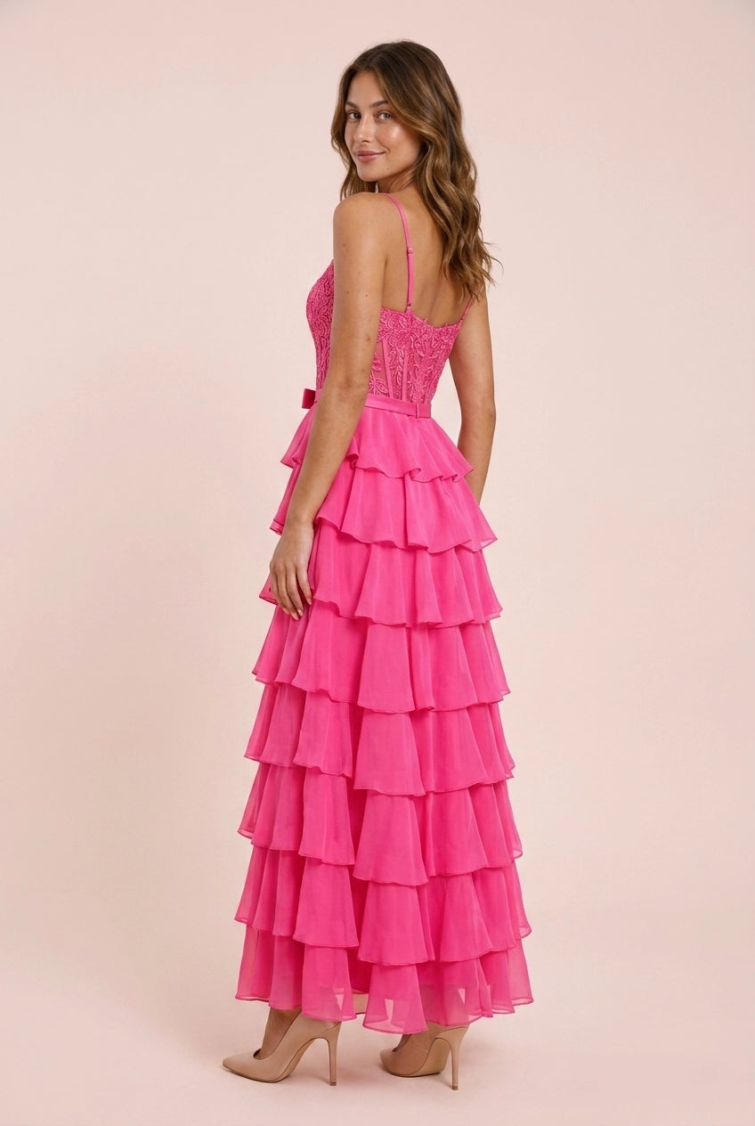 Playful A-Line Sweetheart Lace Tiered Ruffle Chiffon Fuchsia Pink Long Prom Dress