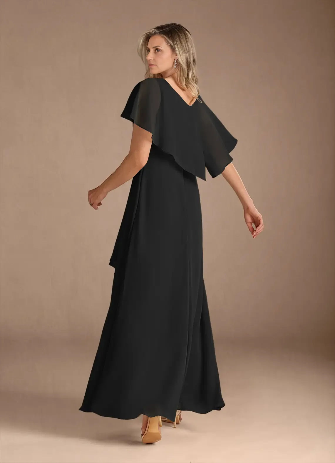 Black A-Line V-Neck Pleated Chiffon Asymmetrical-Length Dress Flutter Sleeve Solid Color Elegant V Neck Mother of the Bride Dress