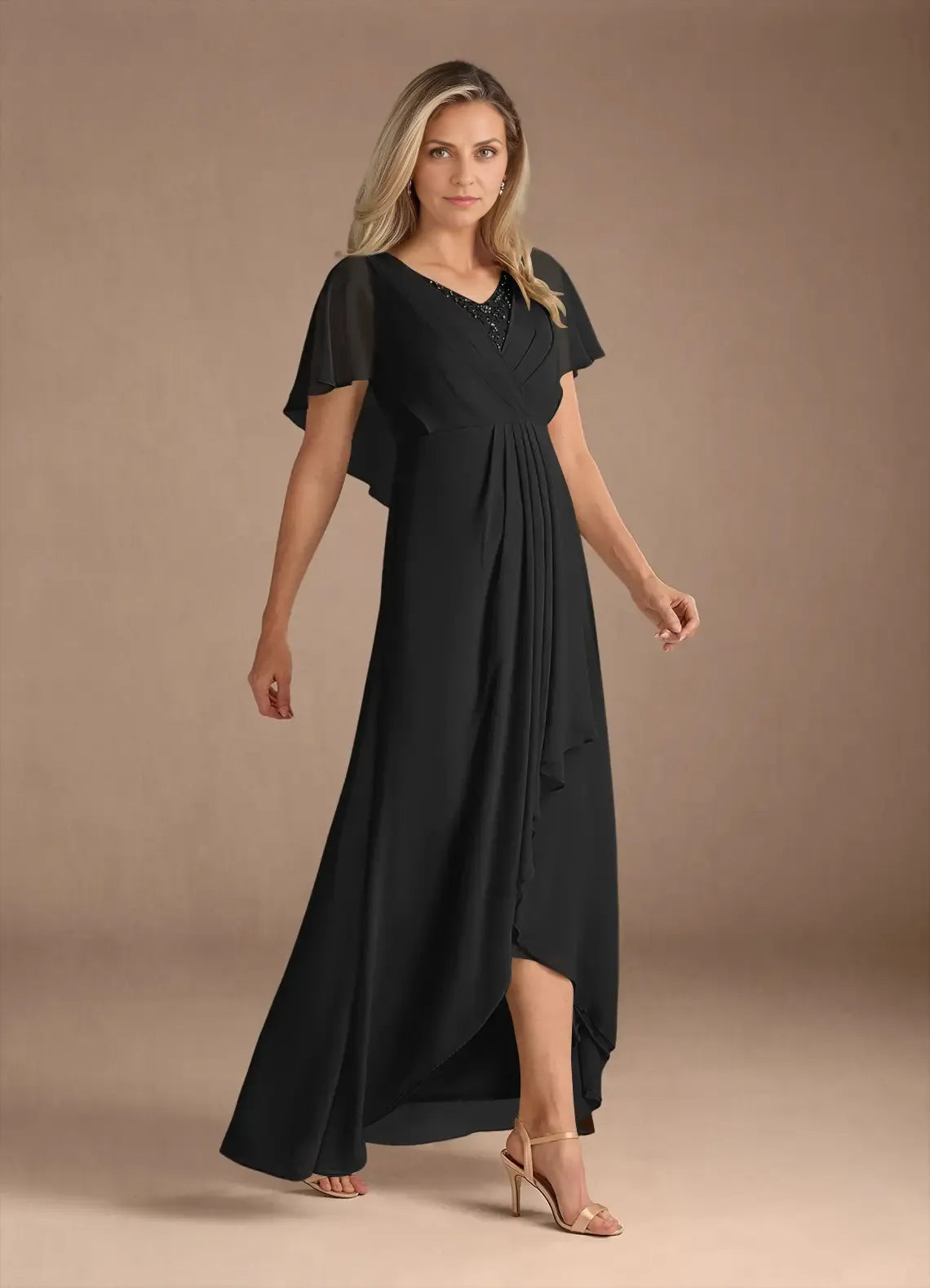 Black A-Line V-Neck Pleated Chiffon Asymmetrical-Length Dress Flutter Sleeve Solid Color Elegant V Neck Mother of the Bride Dress