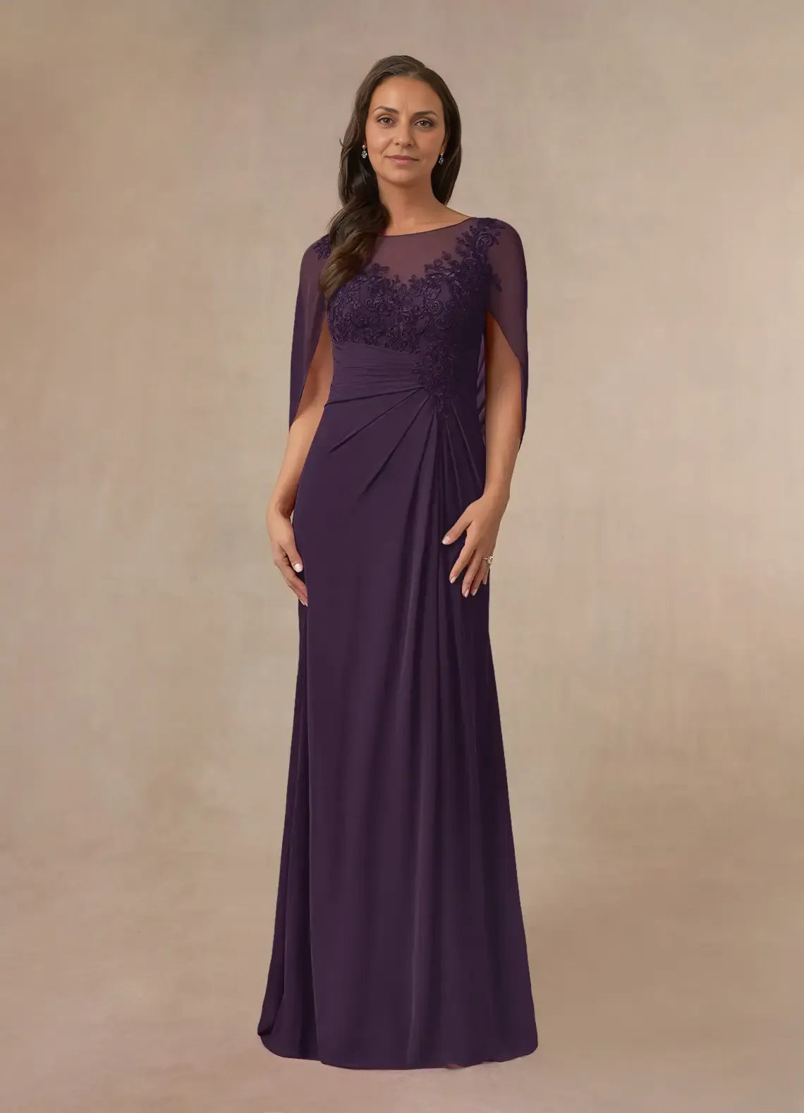 Weitese Dress Plum A-Line Lace Capelet Chiffon Maxi Dress Classic Cap Sleeves Back Zip Boat Neck Mother of the Bride Dress