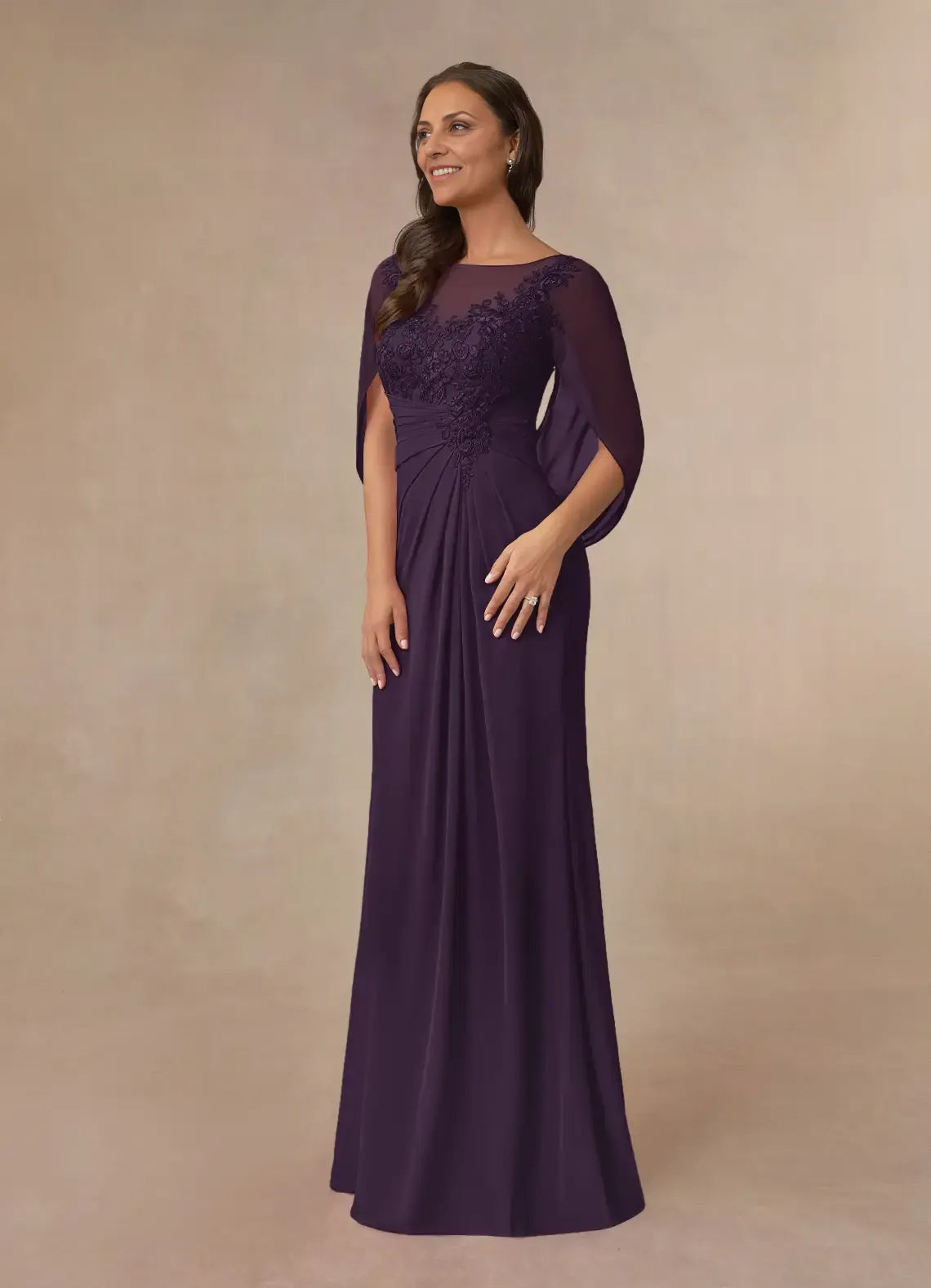 Weitese Dress Plum A-Line Lace Capelet Chiffon Maxi Dress Classic Cap Sleeves Back Zip Boat Neck Mother of the Bride Dress