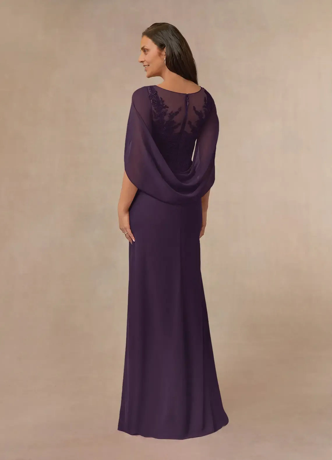 Weitese Dress Plum A-Line Lace Capelet Chiffon Maxi Dress Classic Cap Sleeves Back Zip Boat Neck Mother of the Bride Dress