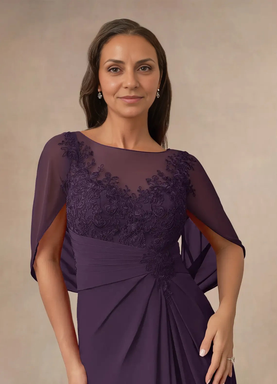 Weitese Dress Plum A-Line Lace Capelet Chiffon Maxi Dress Classic Cap Sleeves Back Zip Boat Neck Mother of the Bride Dress