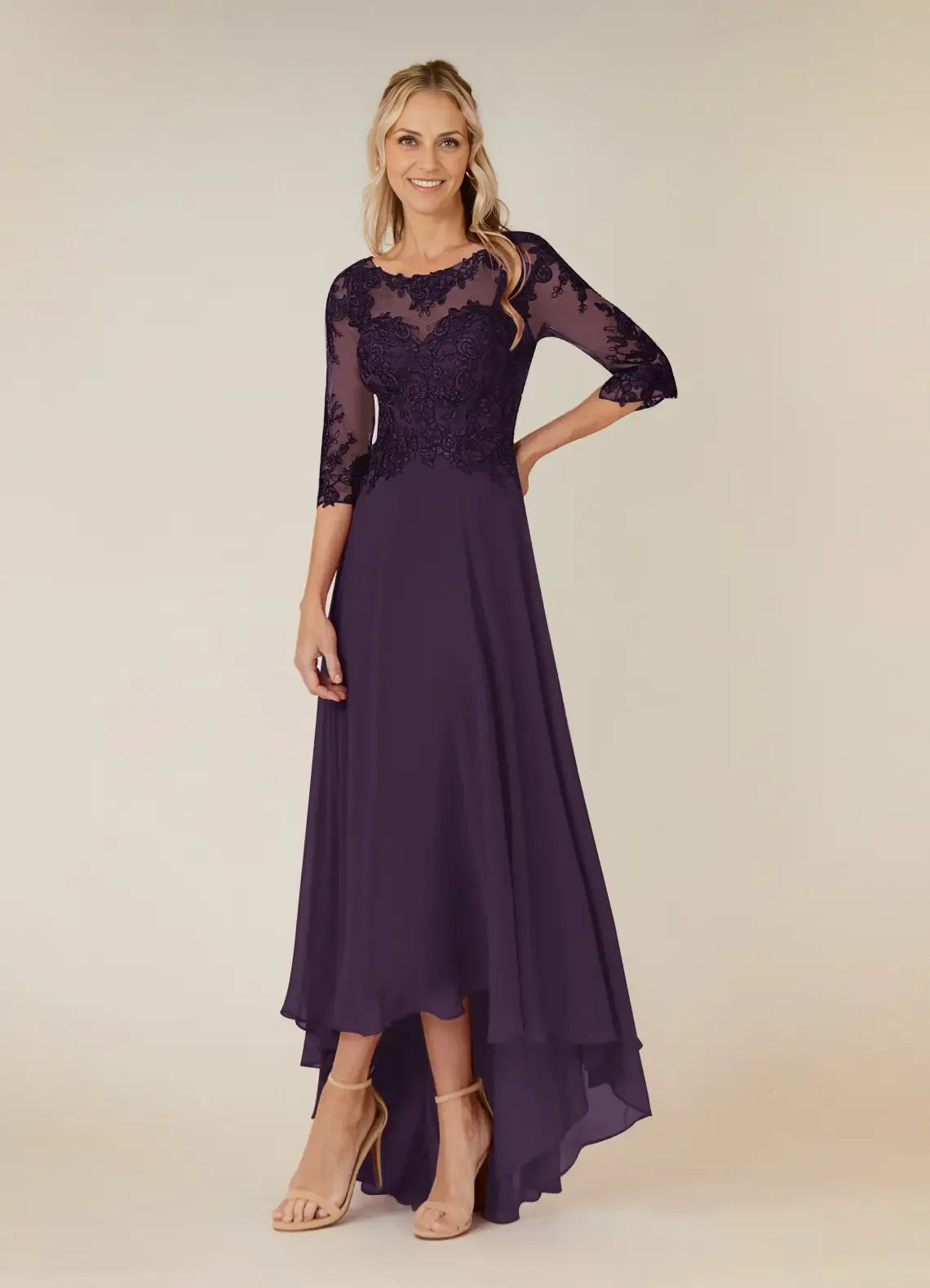 Plum A-Line Lace Chiffon Asymmetrical-Length Dress Three-Quarter Sleeve Solid Color Simple Scoop Neck Mother of the Bride Dress