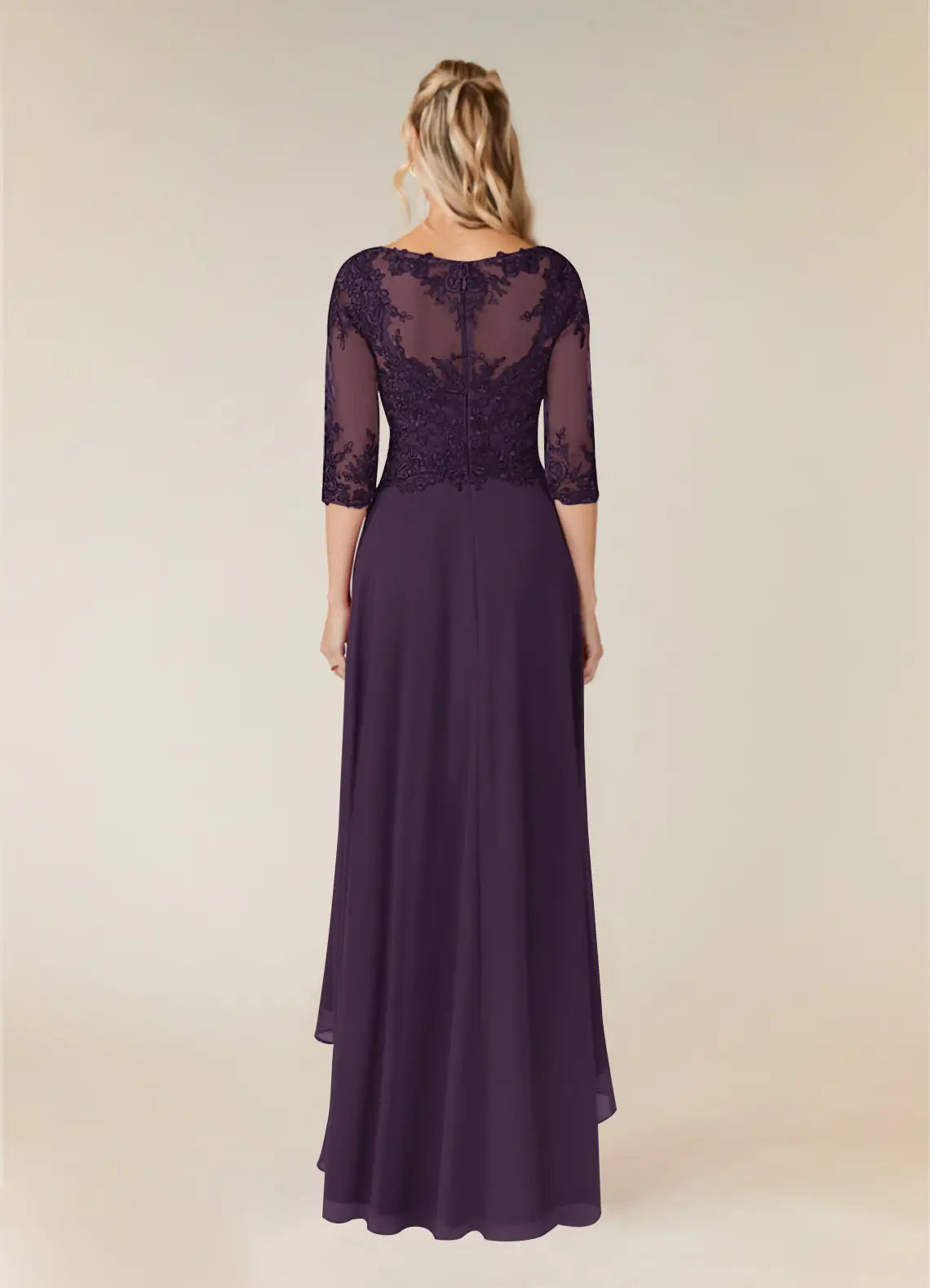 Plum A-Line Lace Chiffon Asymmetrical-Length Dress Three-Quarter Sleeve Solid Color Simple Scoop Neck Mother of the Bride Dress