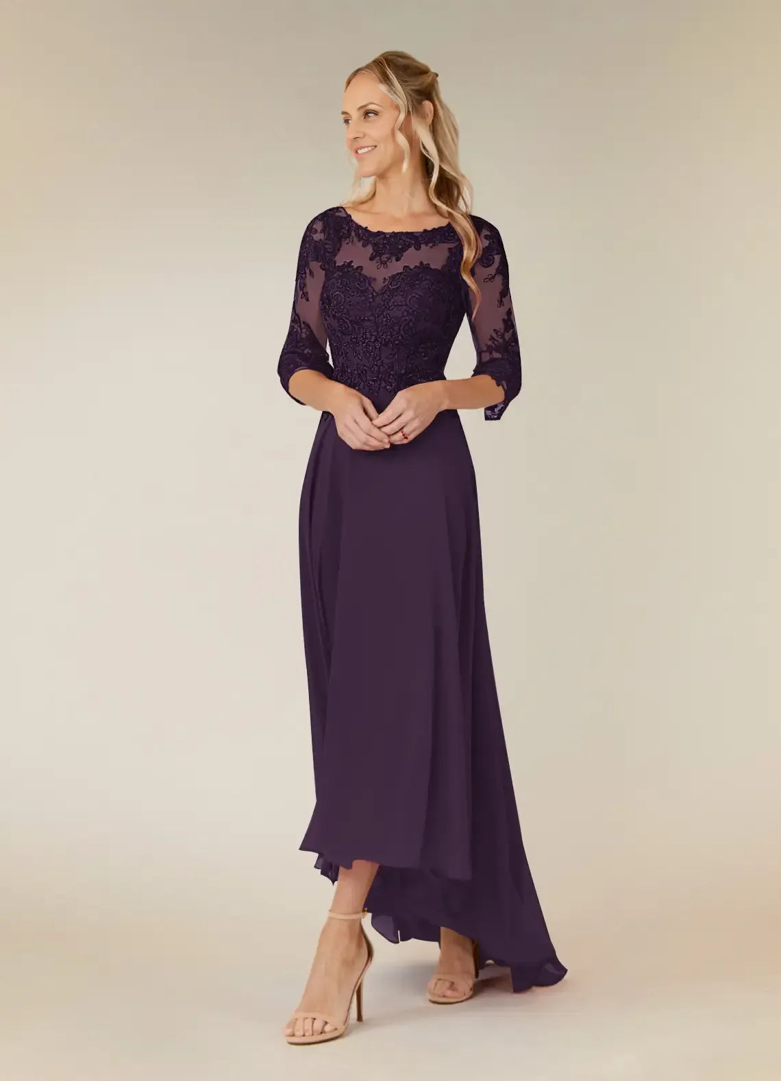Plum A-Line Lace Chiffon Asymmetrical-Length Dress Three-Quarter Sleeve Solid Color Simple Scoop Neck Mother of the Bride Dress