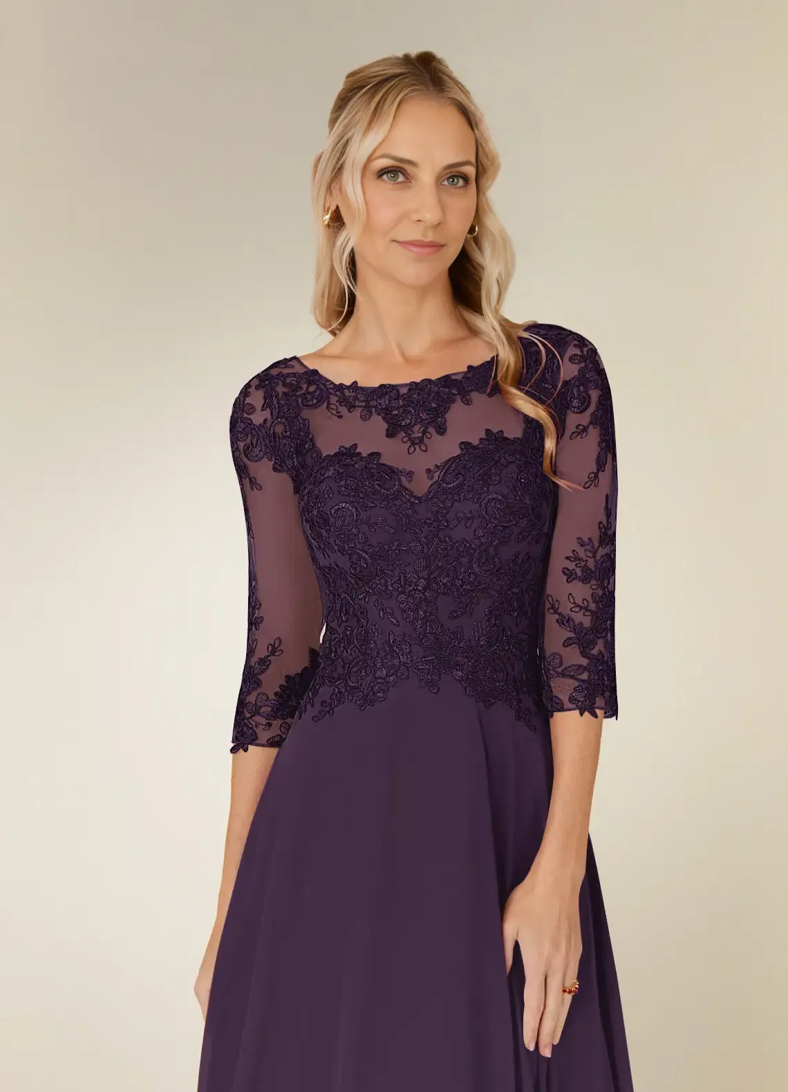 Plum A-Line Lace Chiffon Asymmetrical-Length Dress Three-Quarter Sleeve Solid Color Simple Scoop Neck Mother of the Bride Dress