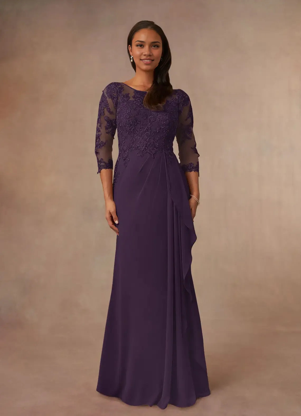 Robe de soirée élégante en mousseline de soie, coupe trapèze, coupe champagne, manches trois-quarts, dos en V, grande taille, pour mère de la mariée 