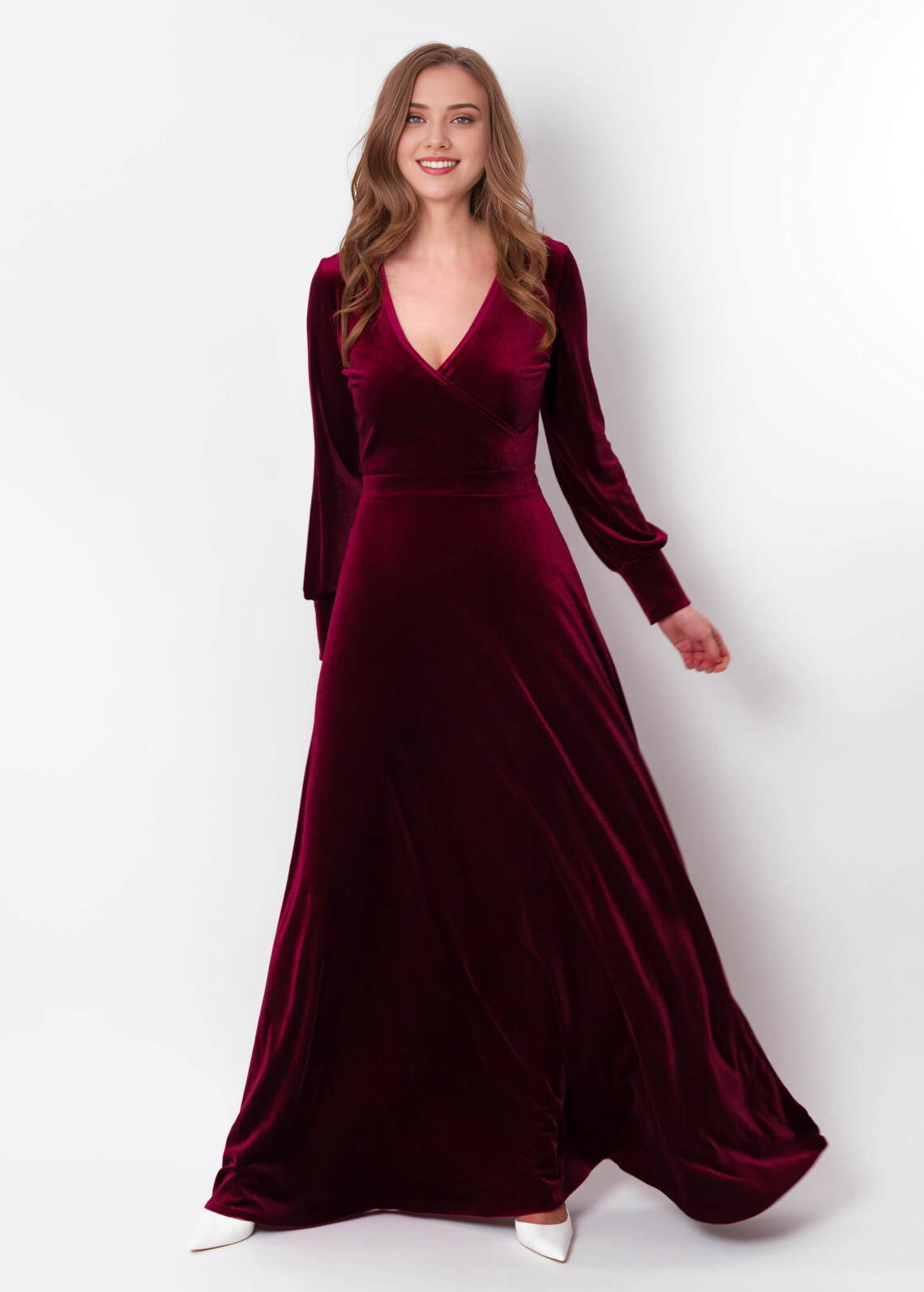 Plum Burgundy Velvet Long Dress Bridesmaid Velvet Dress Wedding Guest Long Sleeves Dress Velvet Gown Velvet Slit Dress Maxi Dress V Neck Evening Dress