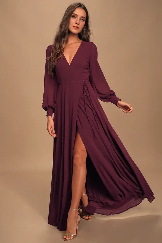 Weitese Formal Women's Dresses Deep V Neck Plum Long Sleeve Slit Wrap Dress Prom Dress Stores