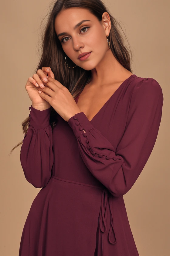 Weitese Formal Women's Dresses Deep V Neck Plum Long Sleeve Slit Wrap Dress Prom Dress Stores