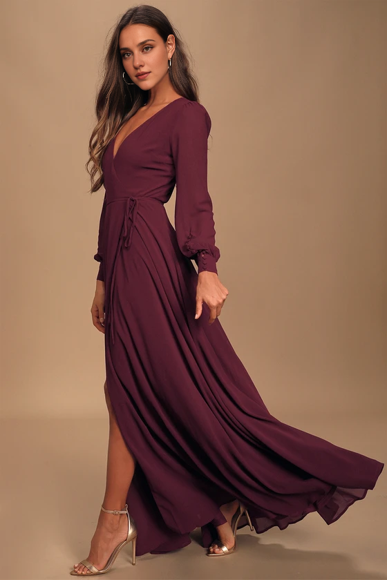 Weitese Formal Women's Dresses Deep V Neck Plum Long Sleeve Slit Wrap Dress Prom Dress Stores