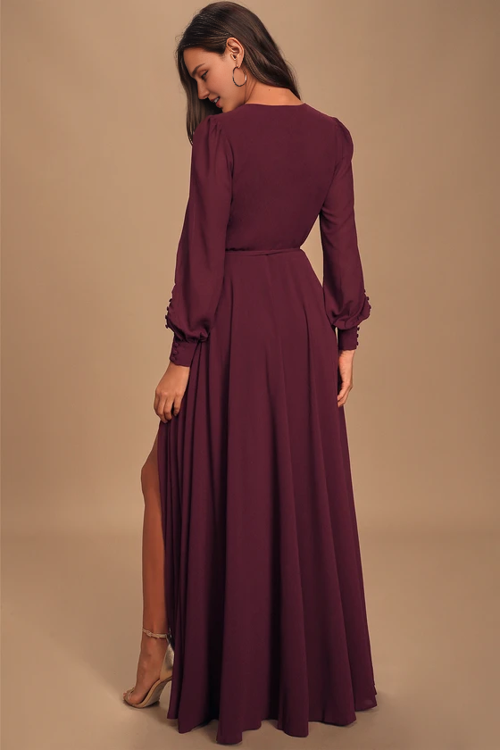 Weitese Formal Women's Dresses Deep V Neck Plum Long Sleeve Slit Wrap Dress Prom Dress Stores