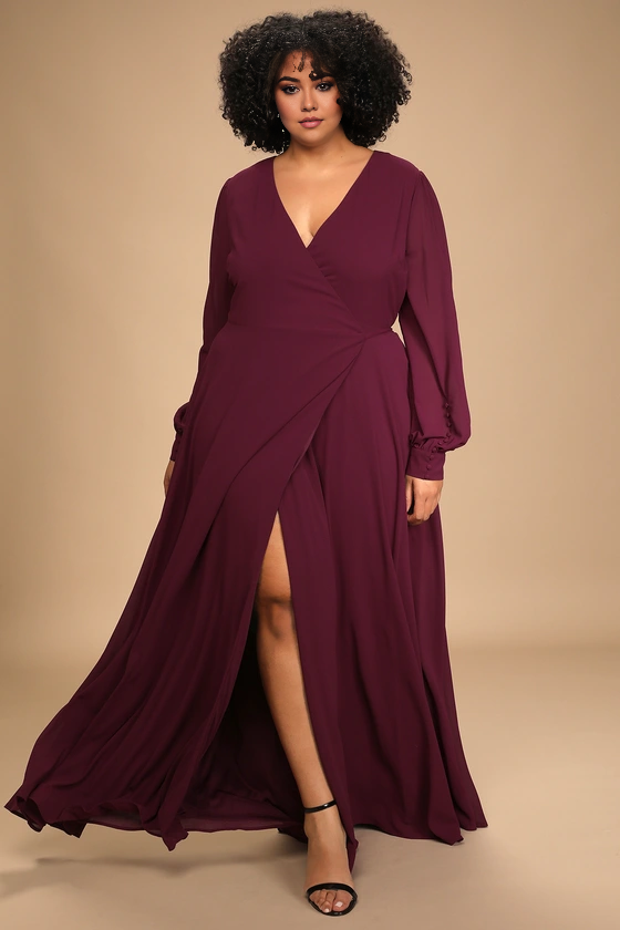 Weitese Formal Women's Dresses Deep V Neck Plum Long Sleeve Slit Wrap Dress Prom Dress Stores