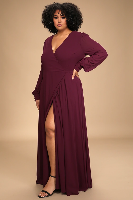 Weitese Formal Women's Dresses Deep V Neck Plum Long Sleeve Slit Wrap Dress Prom Dress Stores
