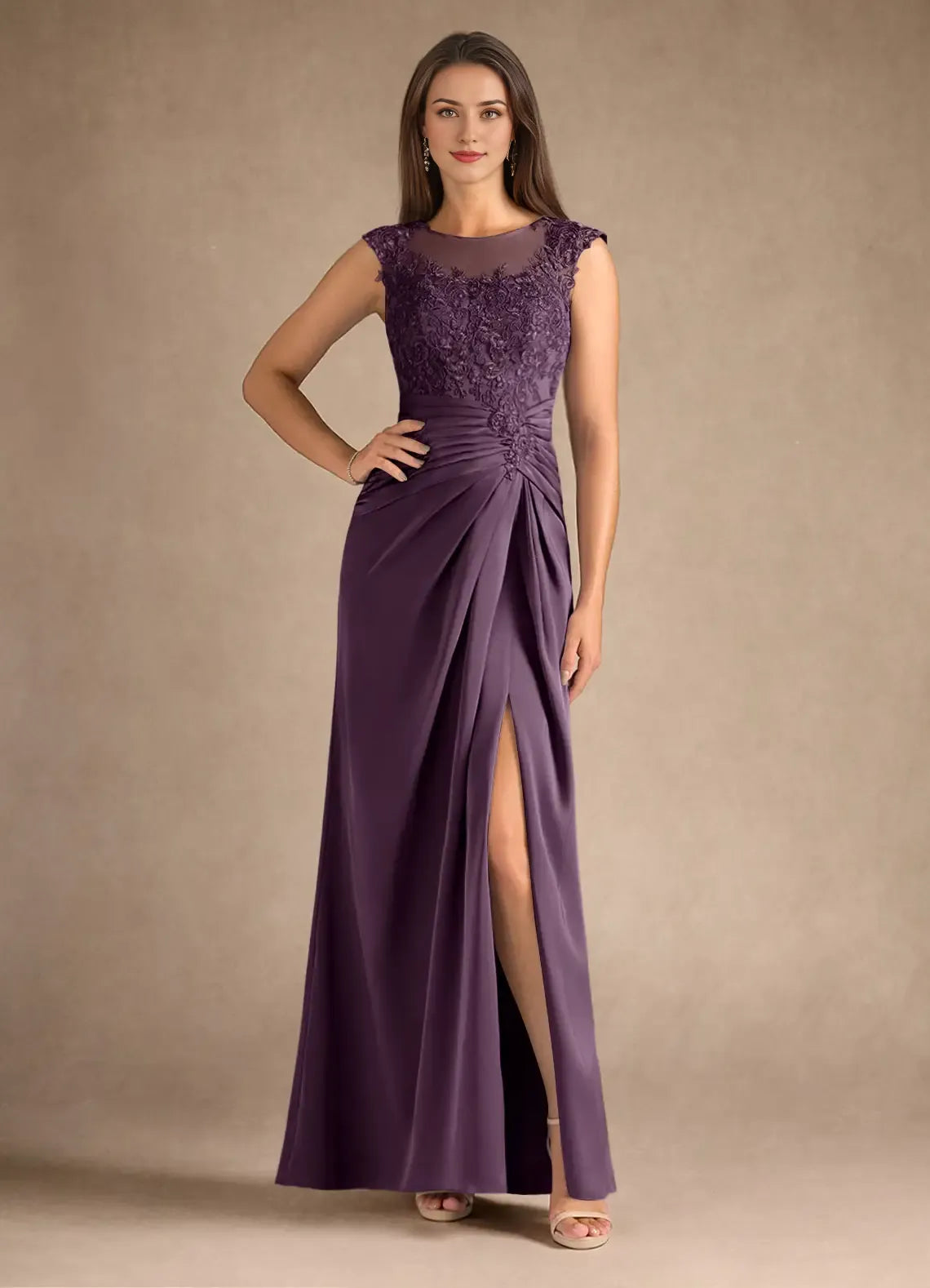 Weitese Dress Steel Blue Sheath Pleated Satin Mother of the Groom Dresses Elegant Scoop Neck Sleeveless Leg Slit Evening Dress