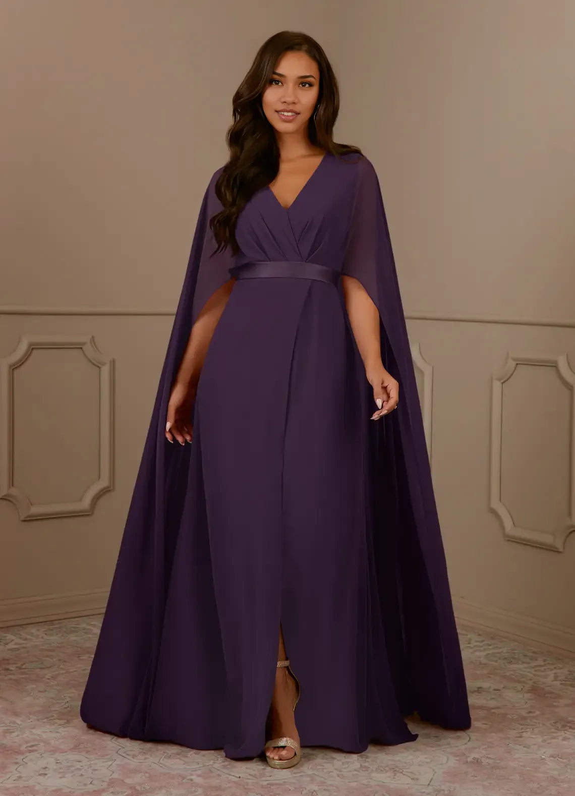 Robe Weitese bleu marine foncé, col en V, mousseline plissée, coupe trapèze, robe de soirée pour mère de la mariée, minimaliste, manches cape, fermeture éclair au dos, grande taille 