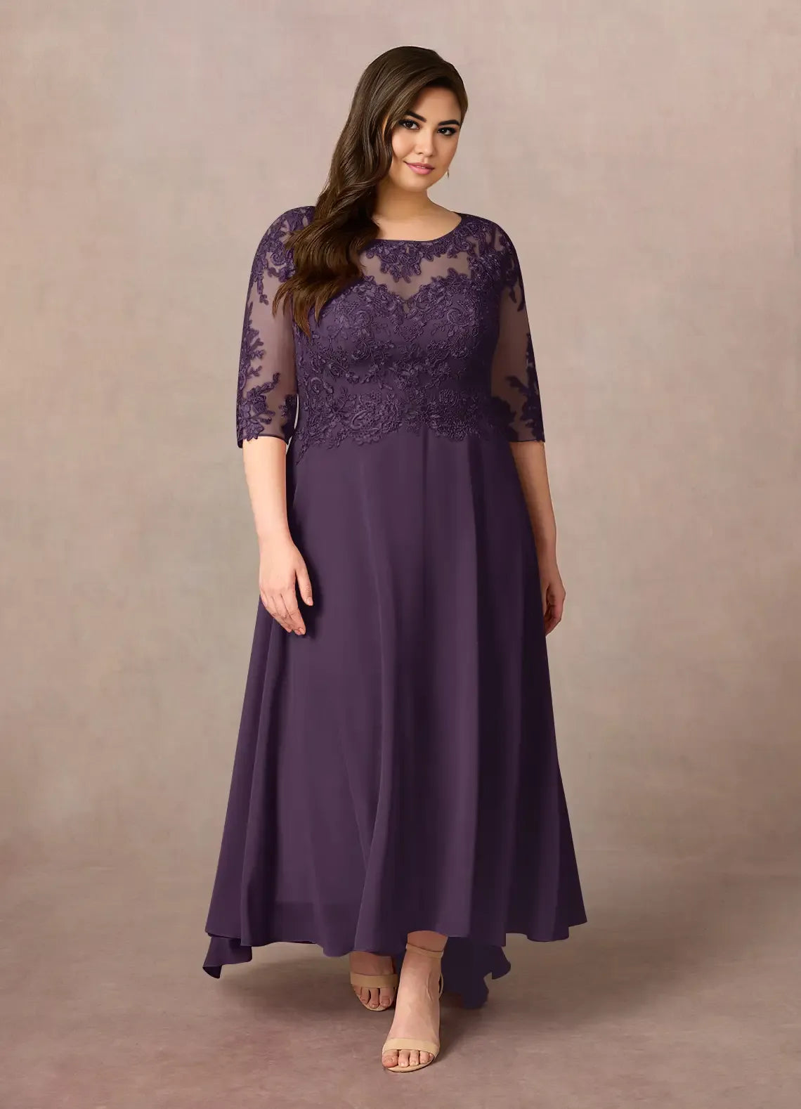 Robe trapèze en mousseline de soie, couleur prune, asymétrique, manches trois-quarts, couleur unie, simple, col rond, grande taille, pour mère de la mariée 