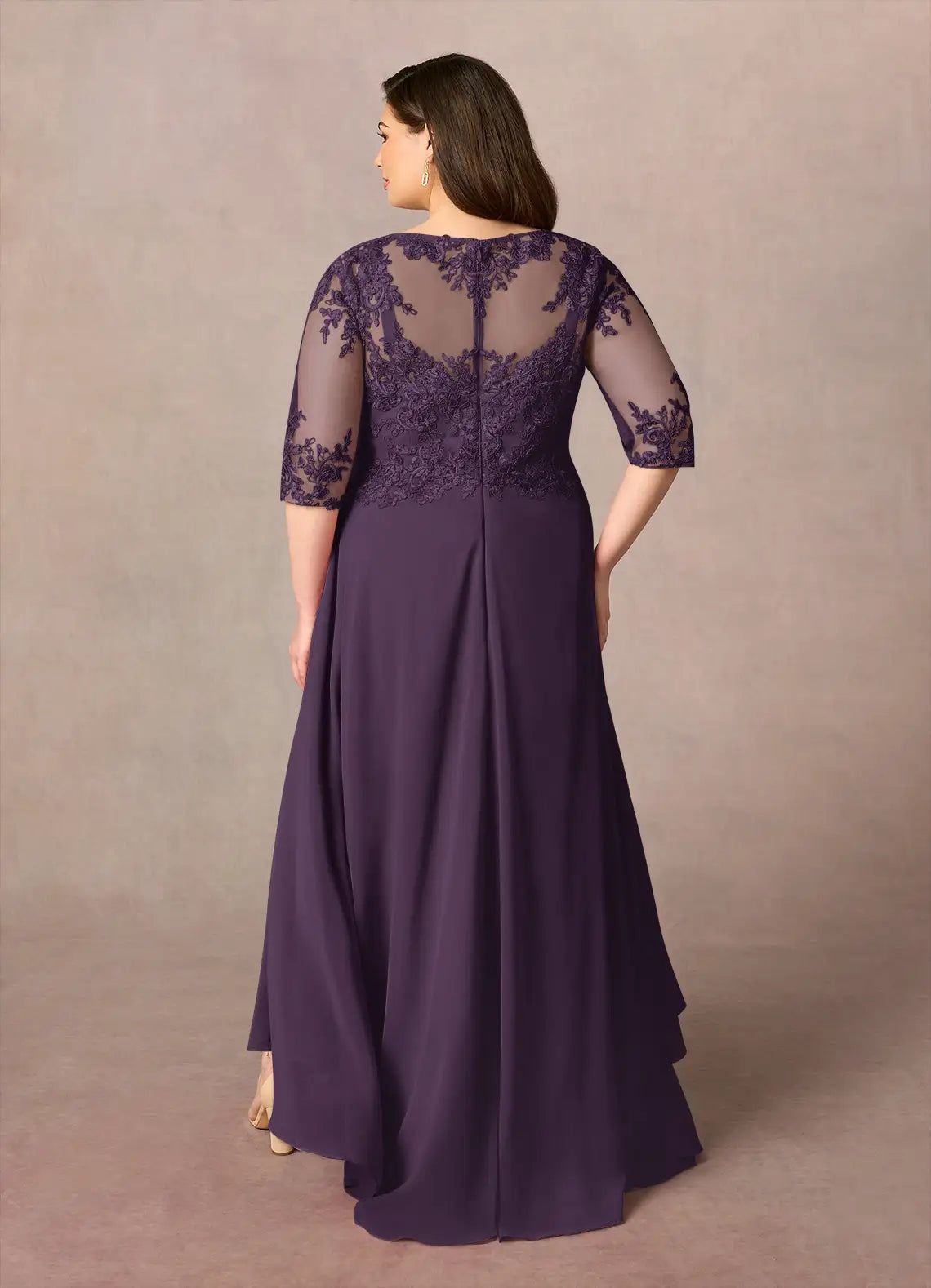 Robe trapèze en mousseline de soie, couleur prune, asymétrique, manches trois-quarts, couleur unie, simple, col rond, grande taille, pour mère de la mariée 
