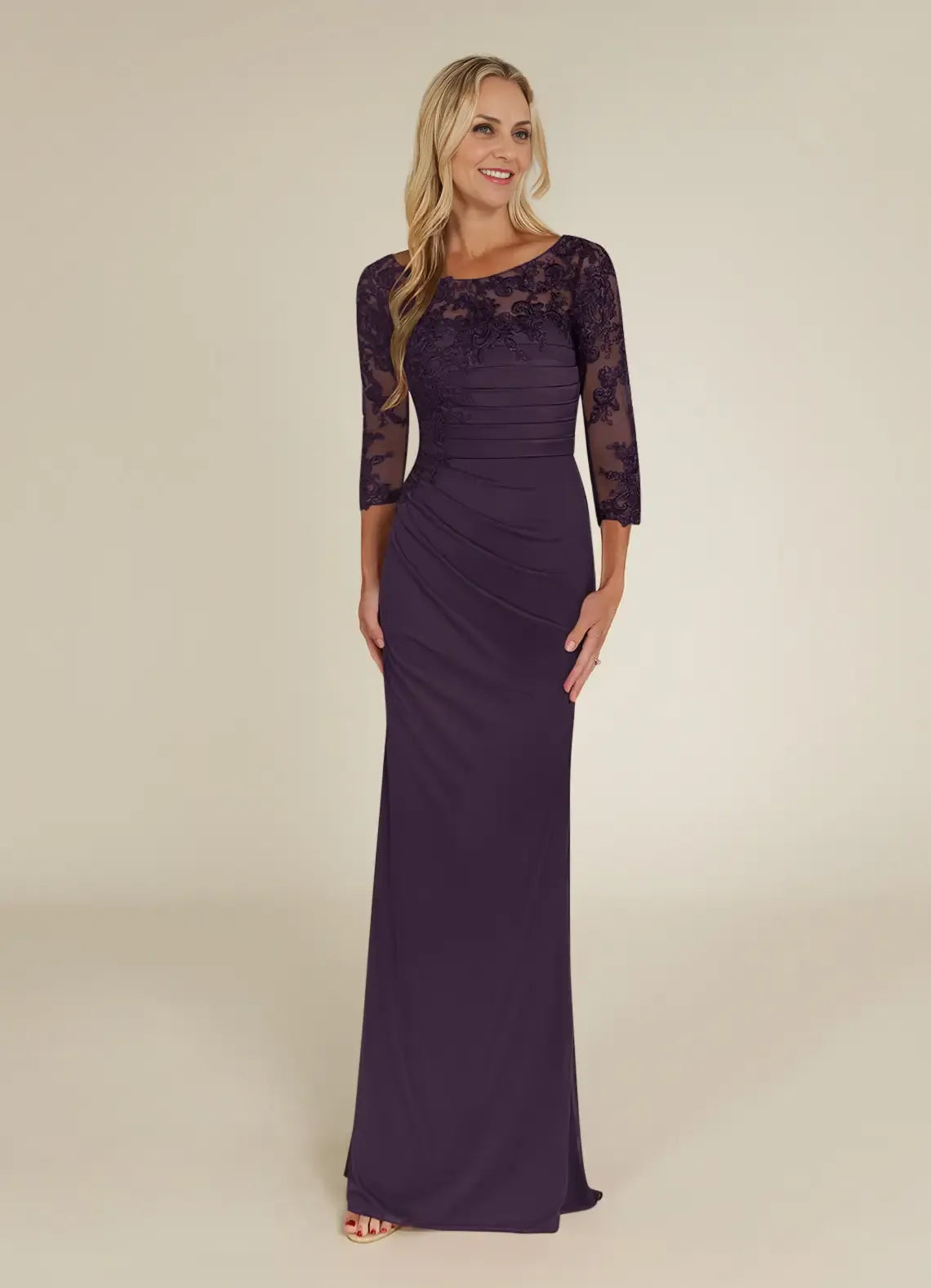 Weitese Dress Elegant Plum Sheath Lace Dress Floor-Length Three-Quarter Sleeve Keyhole Back Scoop Neck Mother of the Bride Dress