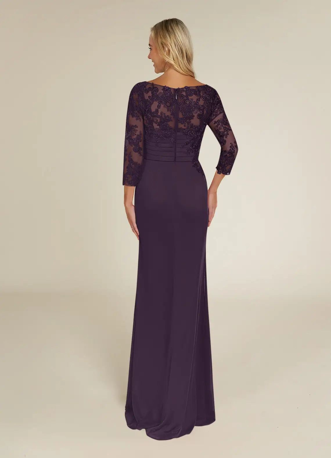 Weitese Dress Elegant Plum Sheath Lace Dress Floor-Length Three-Quarter Sleeve Keyhole Back Scoop Neck Mother of the Bride Dress