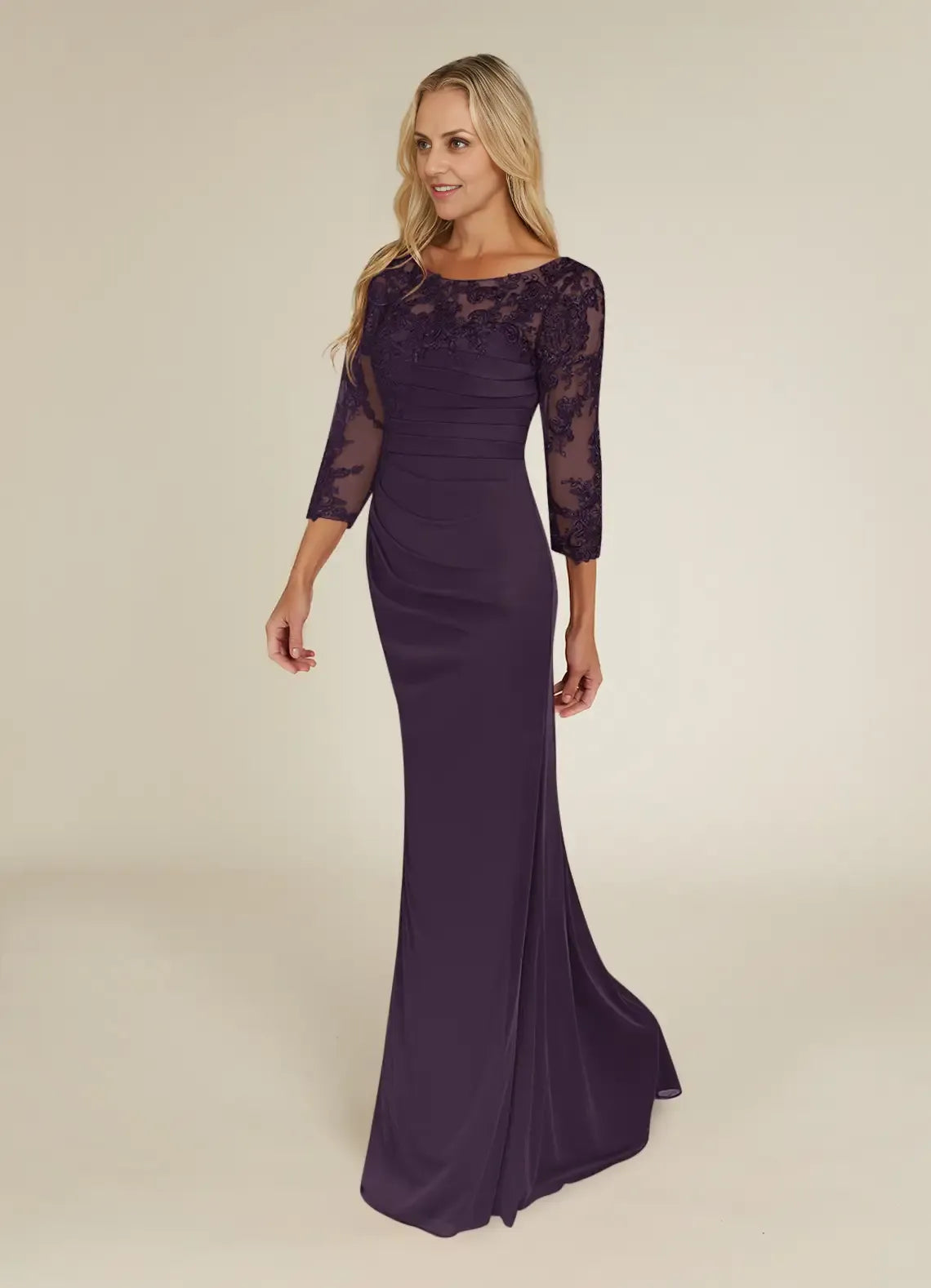 Weitese Dress Elegant Plum Sheath Lace Dress Floor-Length Three-Quarter Sleeve Keyhole Back Scoop Neck Mother of the Bride Dress