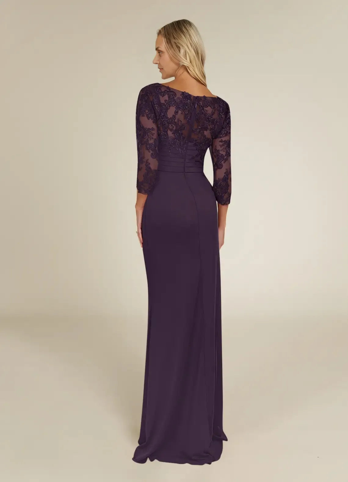 Weitese Dress Elegant Plum Sheath Lace Dress Floor-Length Three-Quarter Sleeve Keyhole Back Scoop Neck Mother of the Bride Dress