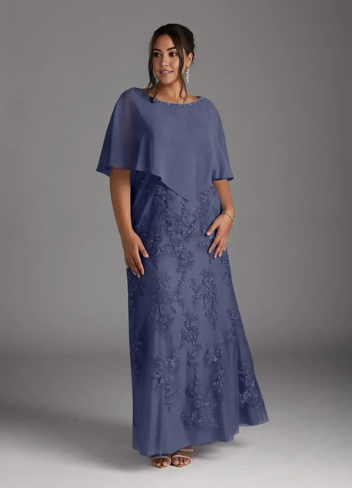 Weitese Dress Elegant Stormy Mermaid Vintage Lace Chiffon Dress Floor-Length Plus Size Mother Of The Bride Dress Cape Sleeve Keyhole Back Mother of the Bride Dress