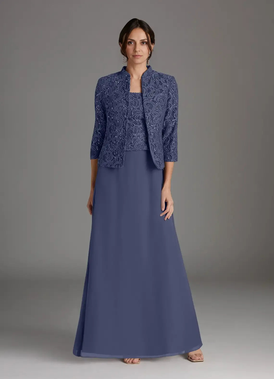 Weitese Dress Stormy Sheath Square Neck Sequins Chiffon Dress Floor-Length Three-Quarter Sleeve Scoop Back Mother of the Bride Dress