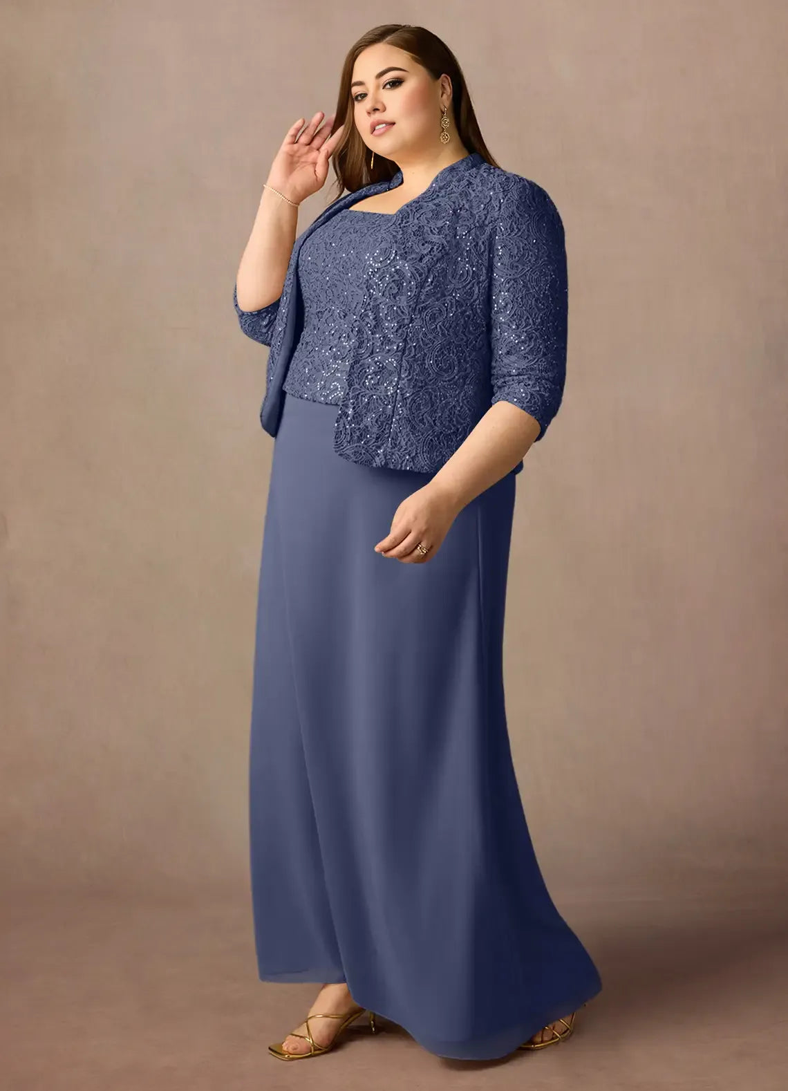 Robe fourreau orageuse en mousseline de soie à paillettes, grande taille, longueur au sol, manches trois-quarts, dos nu, pour mère de la mariée 