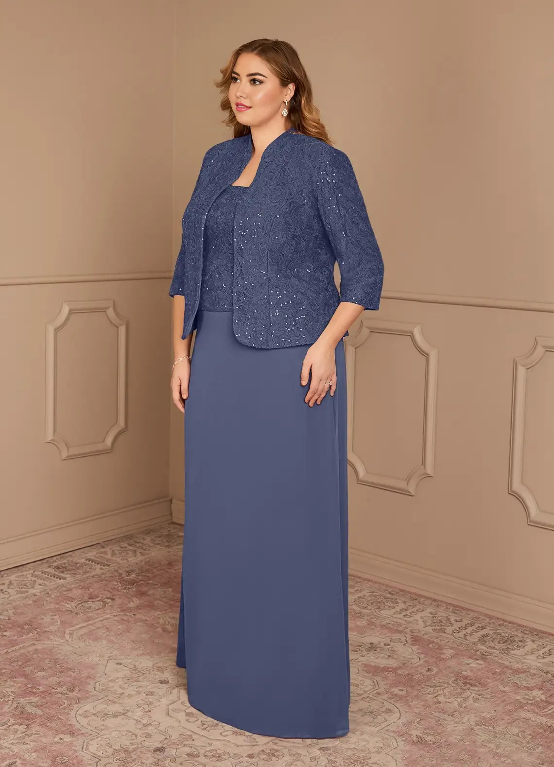 Robe fourreau orageuse en mousseline de soie à paillettes, grande taille, longueur au sol, manches trois-quarts, dos nu, pour mère de la mariée 