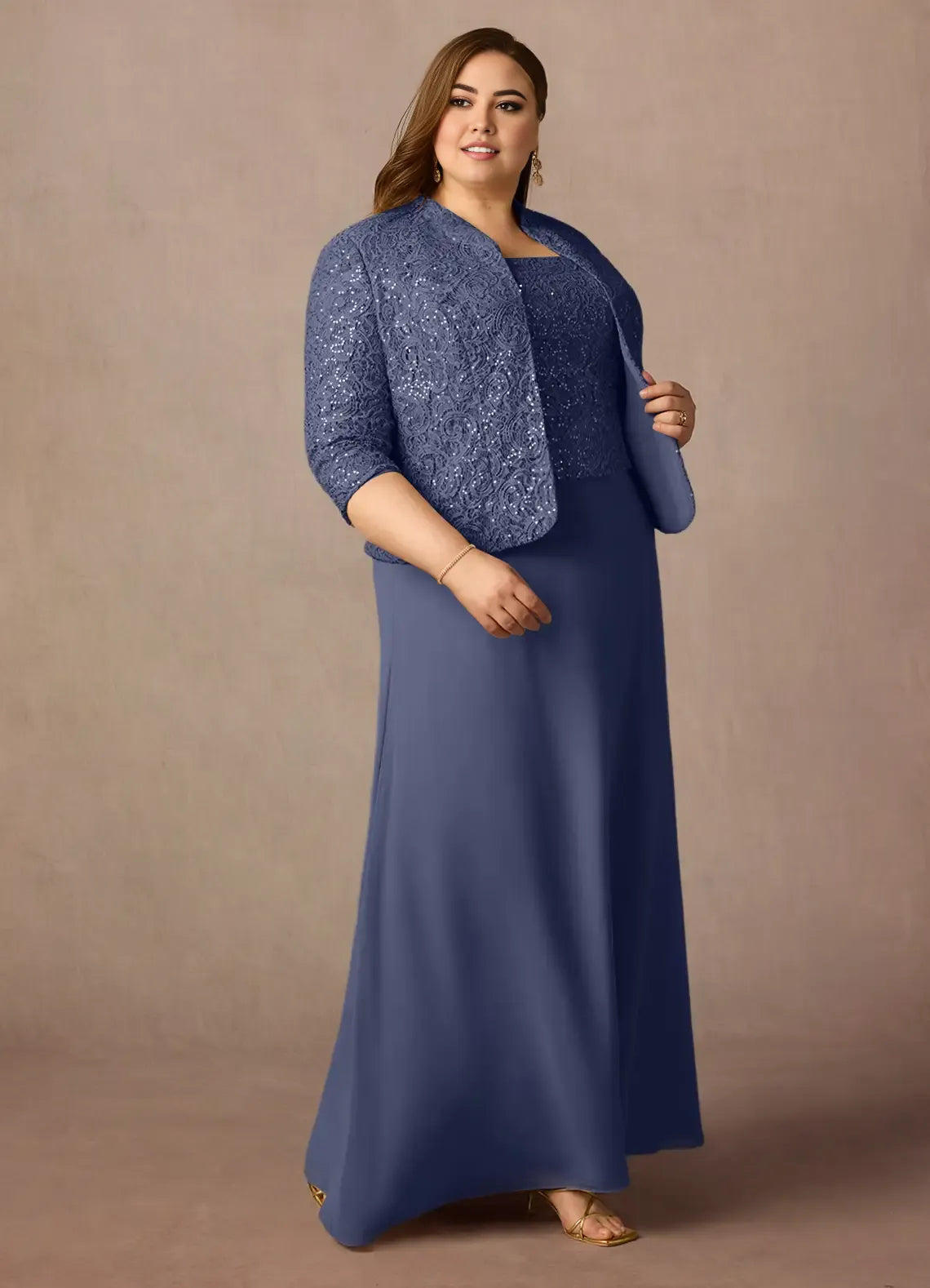 Robe fourreau orageuse en mousseline de soie à paillettes, grande taille, longueur au sol, manches trois-quarts, dos nu, pour mère de la mariée 