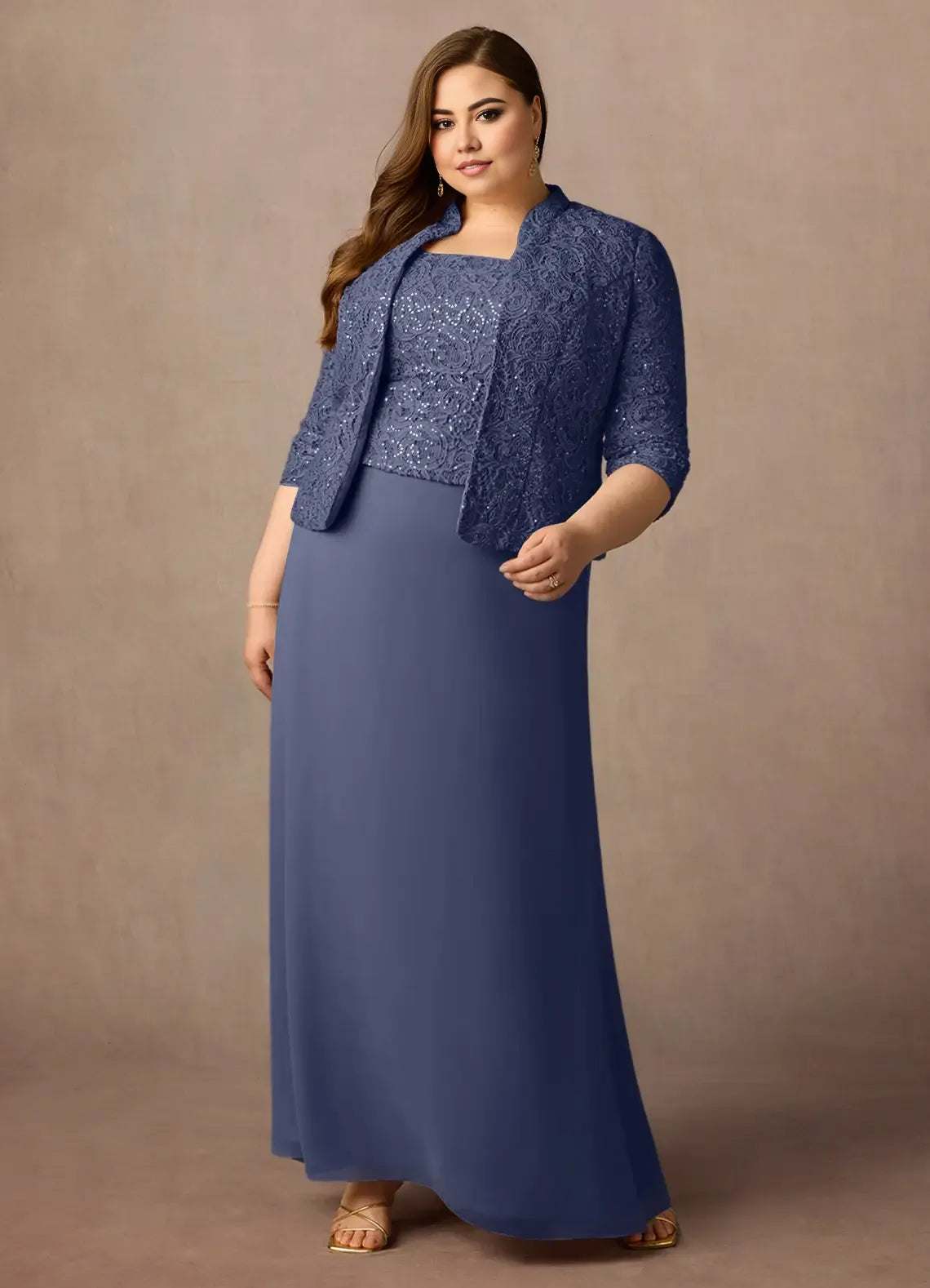 Robe fourreau orageuse en mousseline de soie à paillettes, grande taille, longueur au sol, manches trois-quarts, dos nu, pour mère de la mariée 