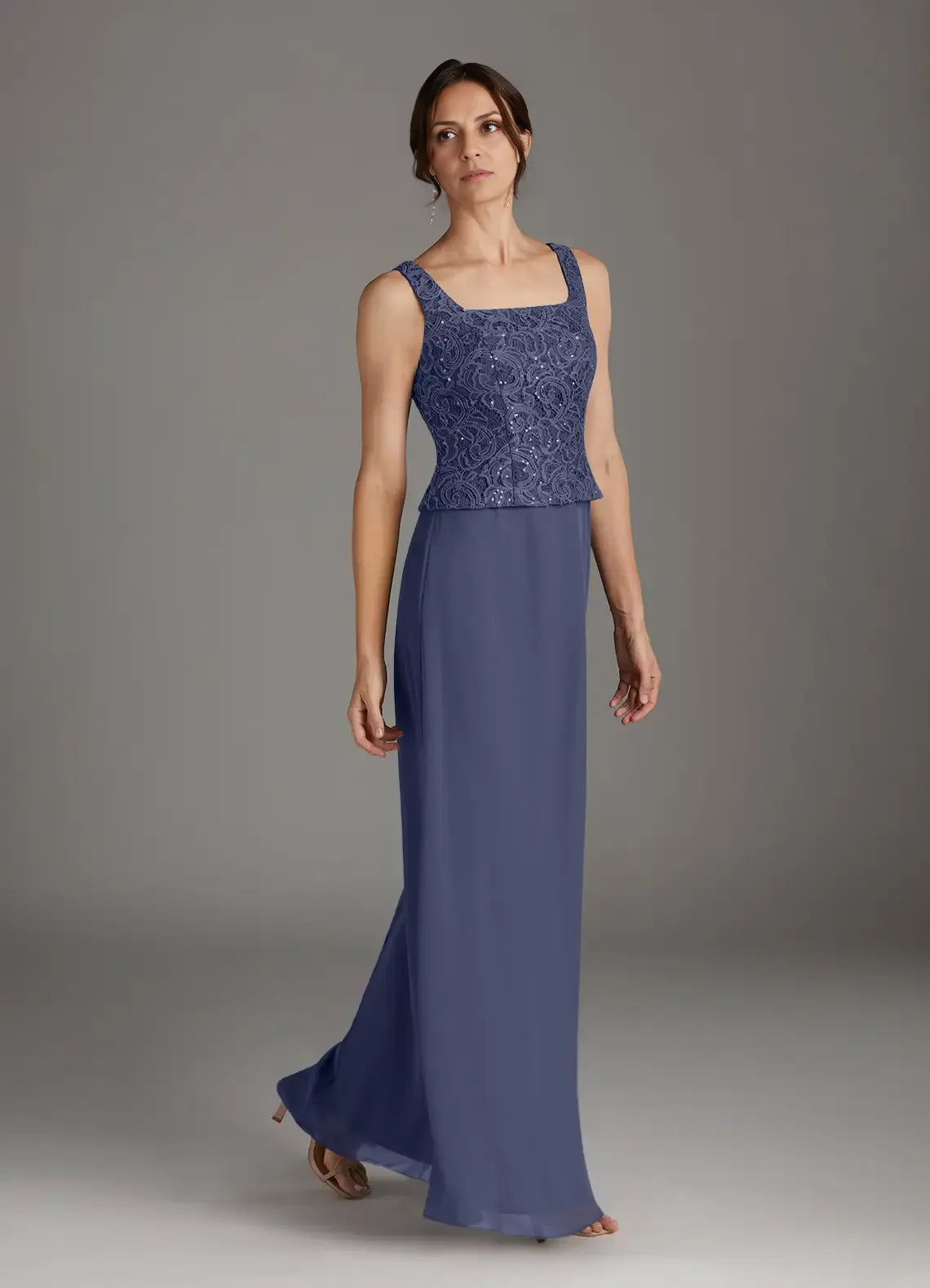 Weitese Dress Stormy Sheath Square Neck Sequins Chiffon Dress Floor-Length Three-Quarter Sleeve Scoop Back Mother of the Bride Dress