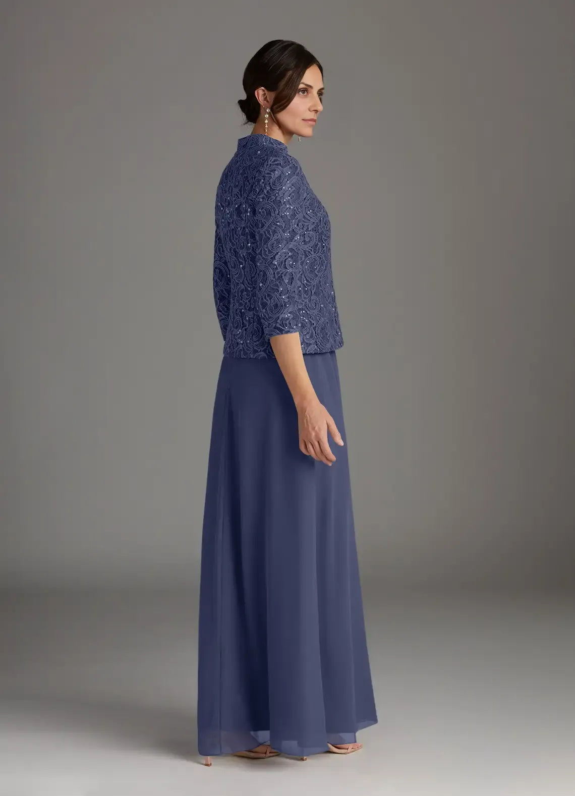 Weitese Dress Stormy Sheath Square Neck Sequins Chiffon Dress Floor-Length Three-Quarter Sleeve Scoop Back Mother of the Bride Dress