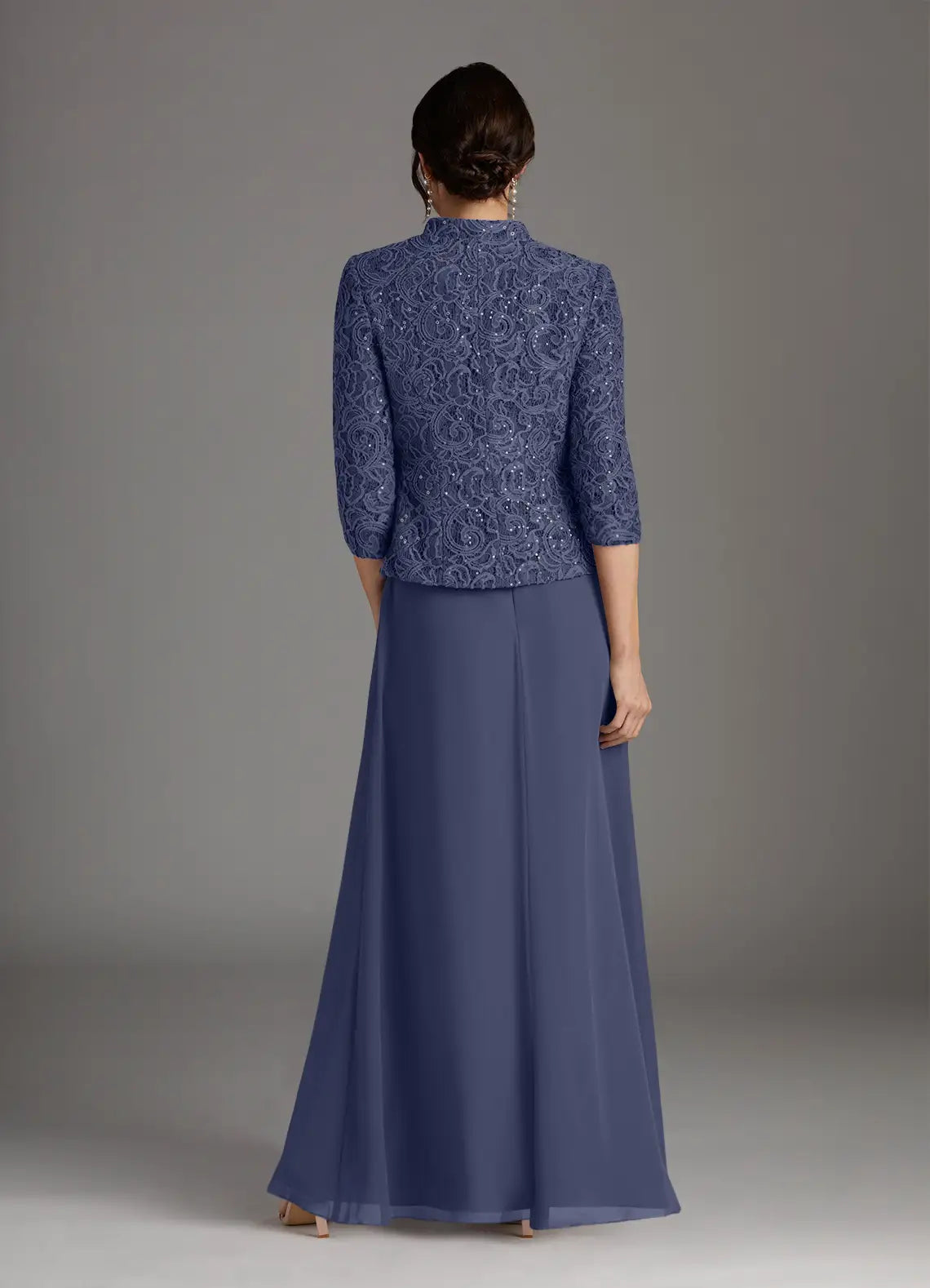 Weitese Dress Stormy Sheath Square Neck Sequins Chiffon Dress Floor-Length Three-Quarter Sleeve Scoop Back Mother of the Bride Dress