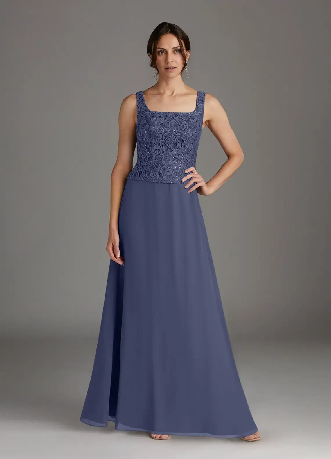 Weitese Dress Stormy Sheath Square Neck Sequins Chiffon Dress Floor-Length Three-Quarter Sleeve Scoop Back Mother of the Bride Dress