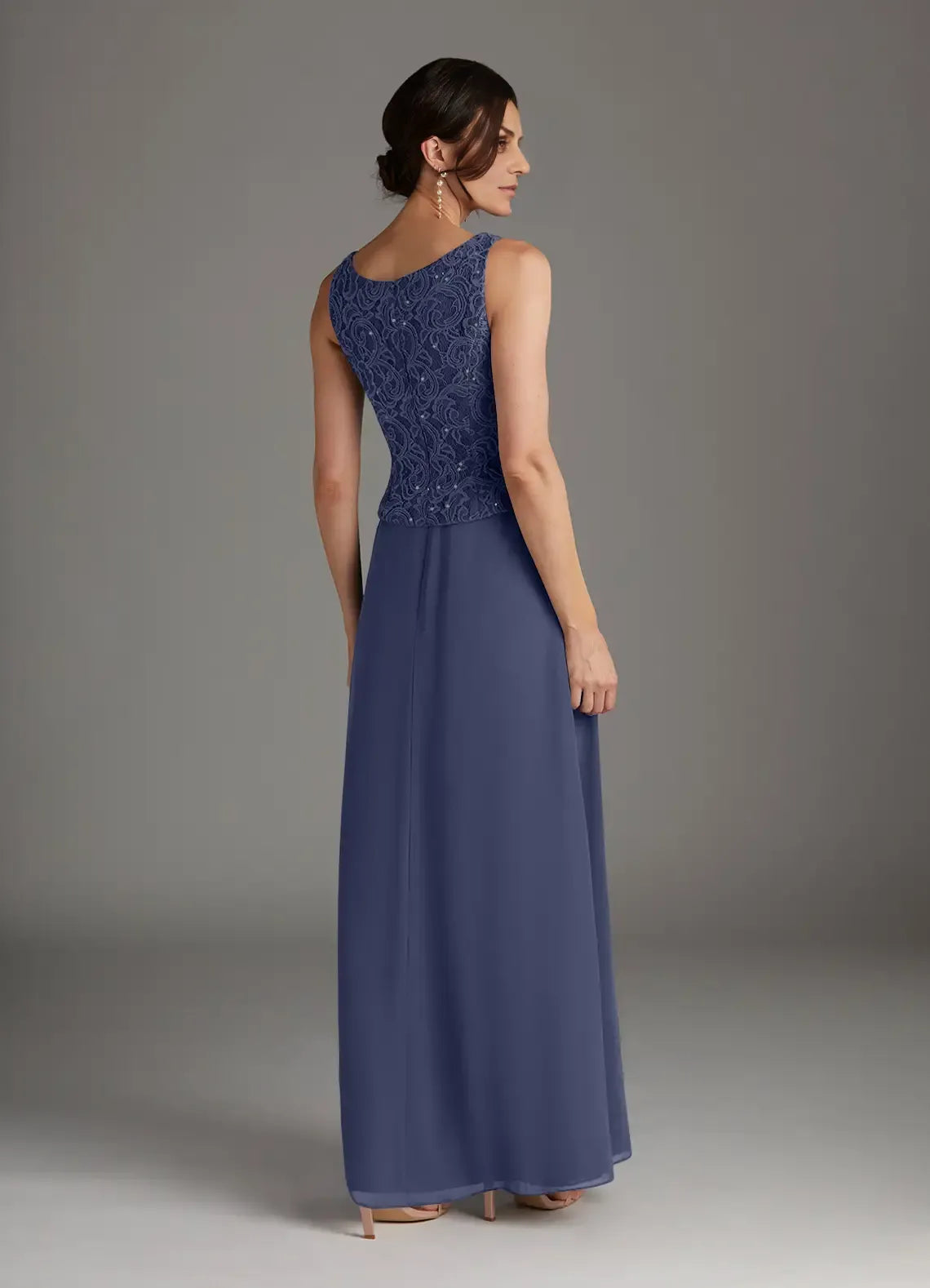 Weitese Dress Stormy Sheath Square Neck Sequins Chiffon Dress Floor-Length Three-Quarter Sleeve Scoop Back Mother of the Bride Dress