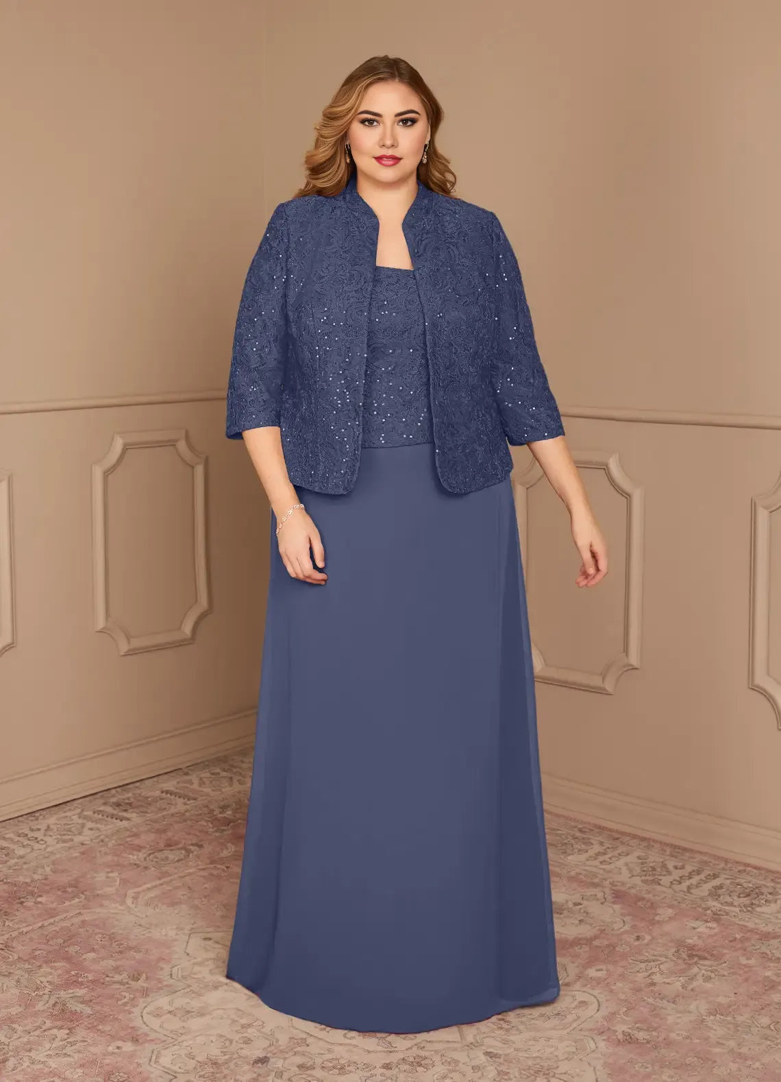 Robe fourreau orageuse en mousseline de soie à paillettes, grande taille, longueur au sol, manches trois-quarts, dos nu, pour mère de la mariée 