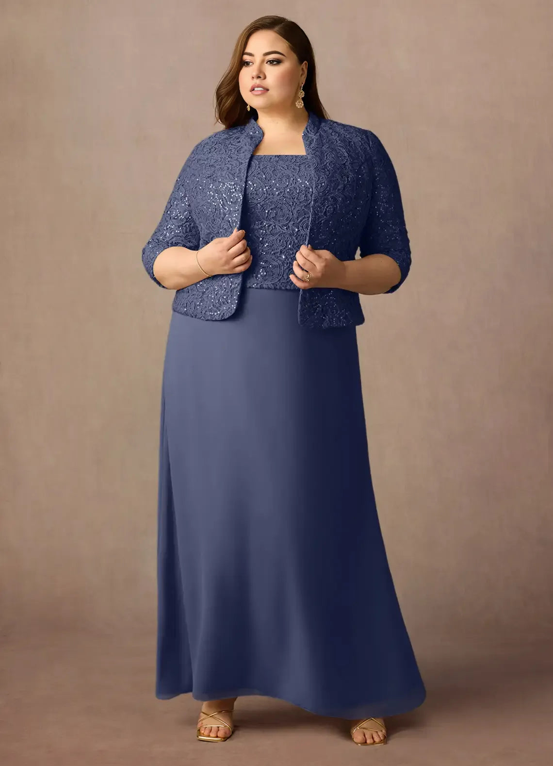 Robe fourreau orageuse en mousseline de soie à paillettes, grande taille, longueur au sol, manches trois-quarts, dos nu, pour mère de la mariée 