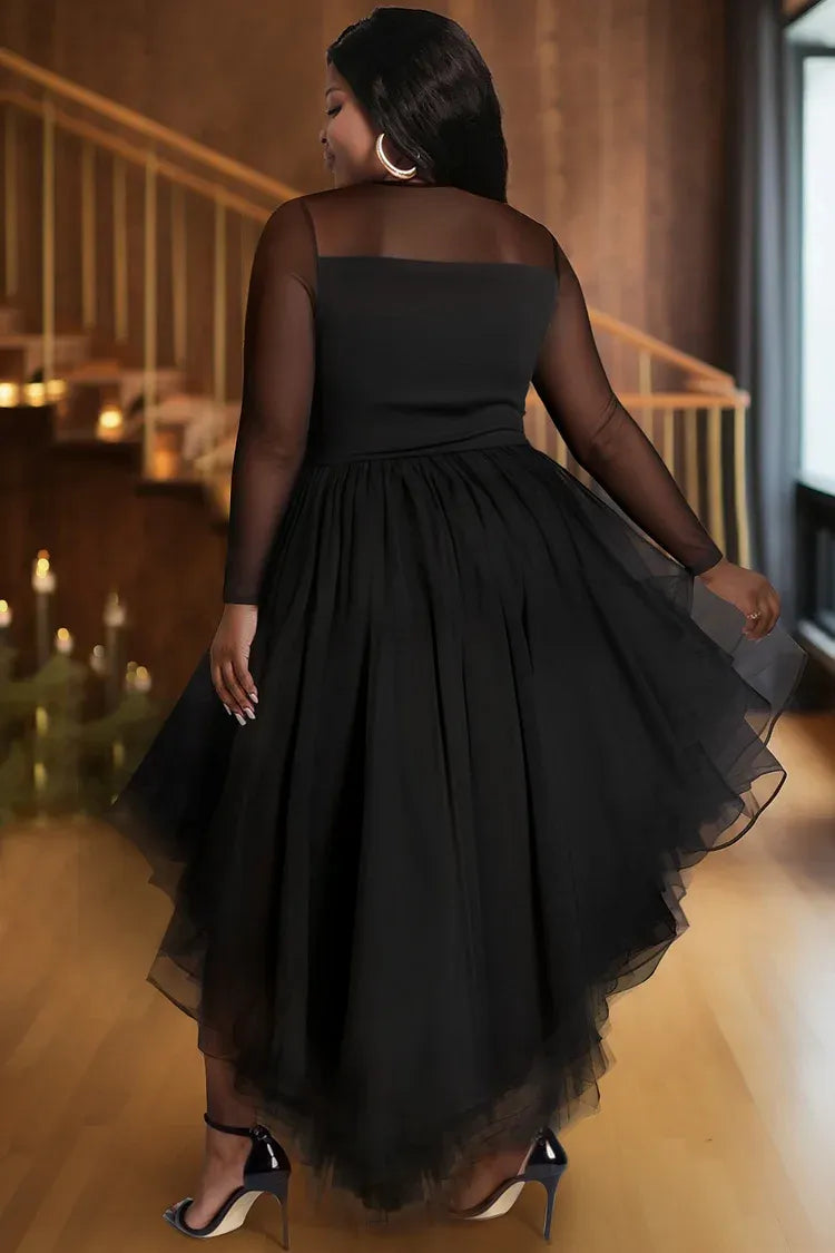 Plus Size Pretty A-Line V Neck Long Sleeve Layers Ruffle Tulle High Low Prom Dress