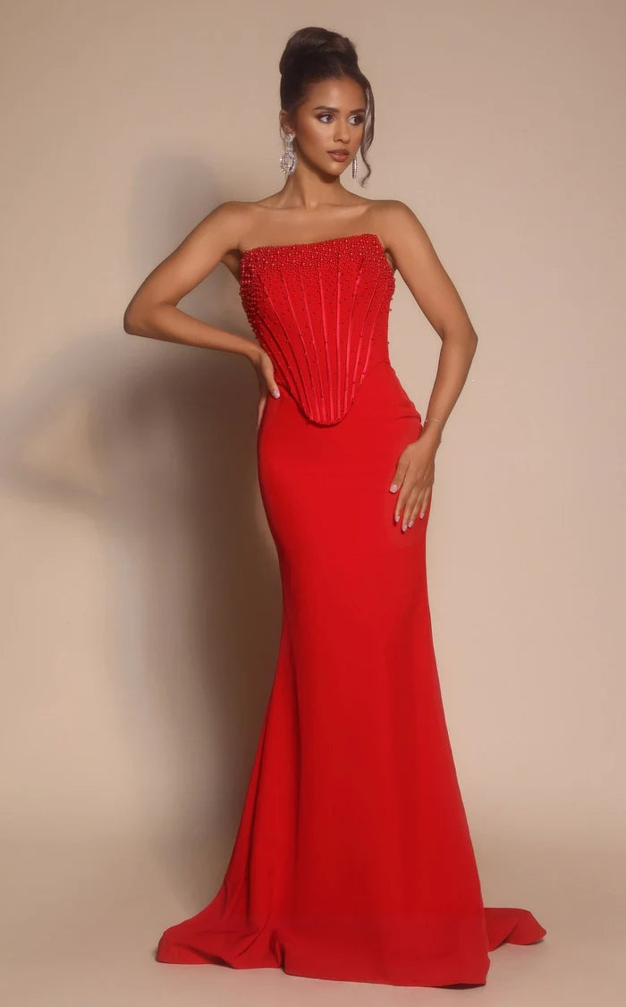 Red Crepe trumpet straight-across low-back floor-length Dress