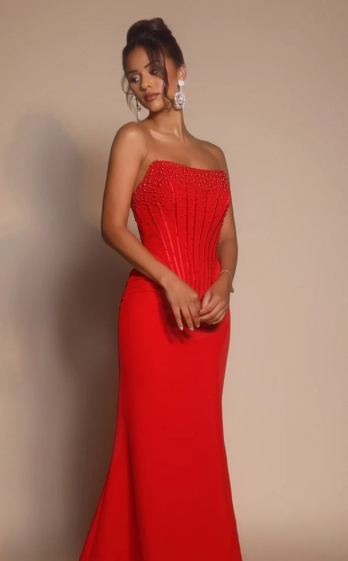Red Crepe trumpet straight-across low-back floor-length Dress