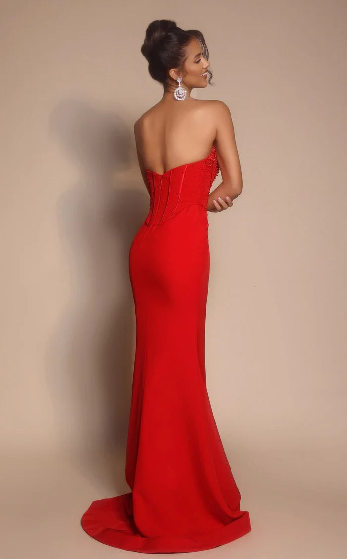 Red Crepe trumpet straight-across low-back floor-length Dress