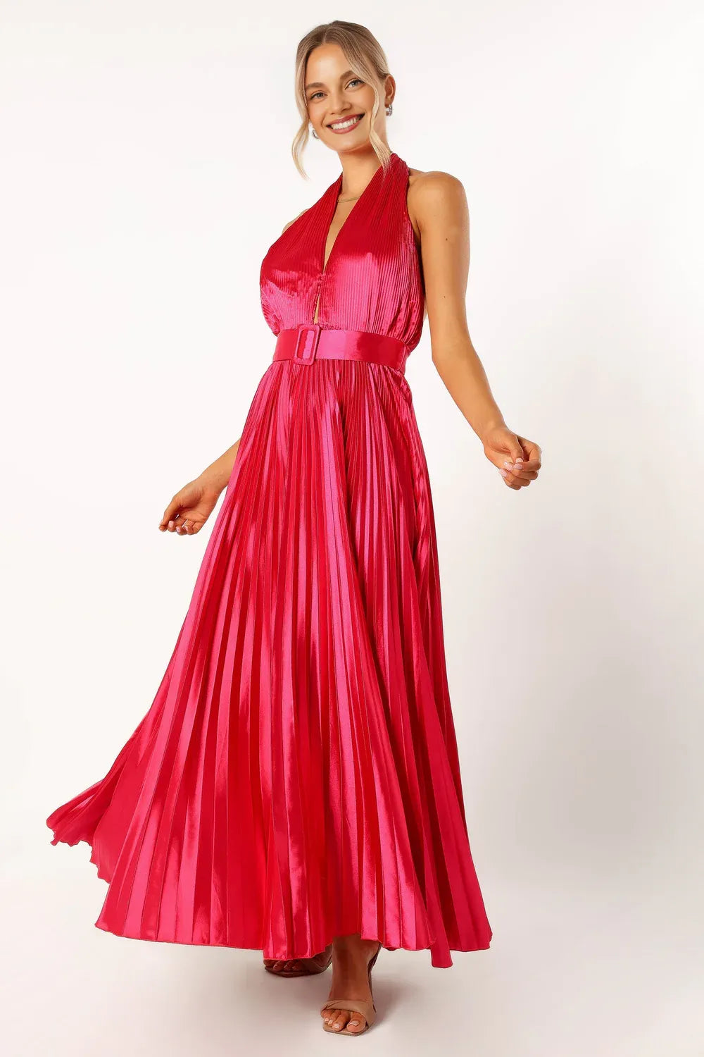 Pretty A-Line Halter Neck Sleeveless Satin Floor-Length Prom Dress
