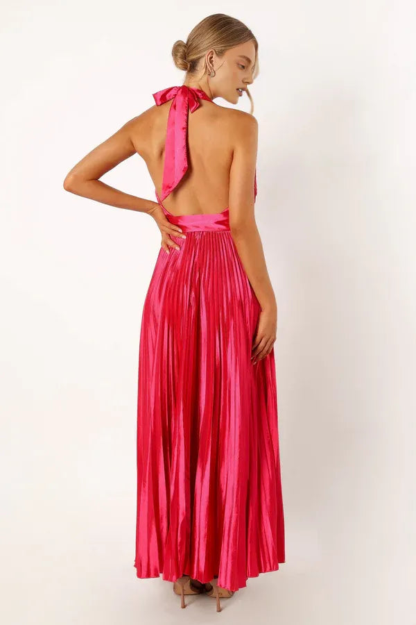 Pretty A-Line Halter Neck Sleeveless Satin Floor-Length Prom Dress