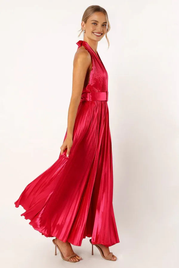 Pretty A-Line Halter Neck Sleeveless Satin Floor-Length Prom Dress