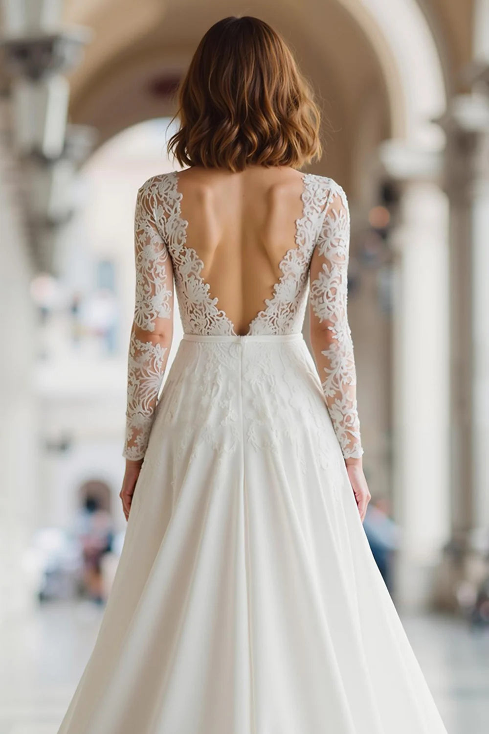 Pretty A-Line Illusion Boat Neck Long Sleeve V Back Floor-Length Wedding Dress